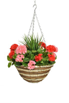 Artificial Silk Geranium & Grass Medium Hanging Basket