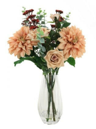 Artificial Silk Mixed Dahlia In Barrell Vase Arrangement