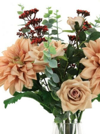 Artificial Silk Mixed Dahlia In Barrell Vase Arrangement