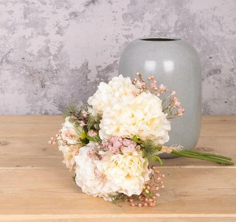 Artificial Silk Peony Gypsophilia Bouquet Cream 35cm in situ