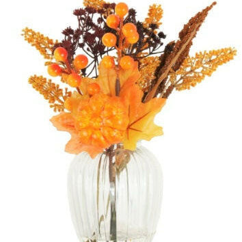 Artificial Complete Autumn Mix With Pumpkin In Ribbed Vase