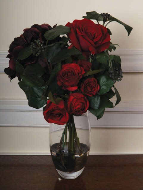 Artificial Silk Claret Rose & Hydrangea Vase Arrangement