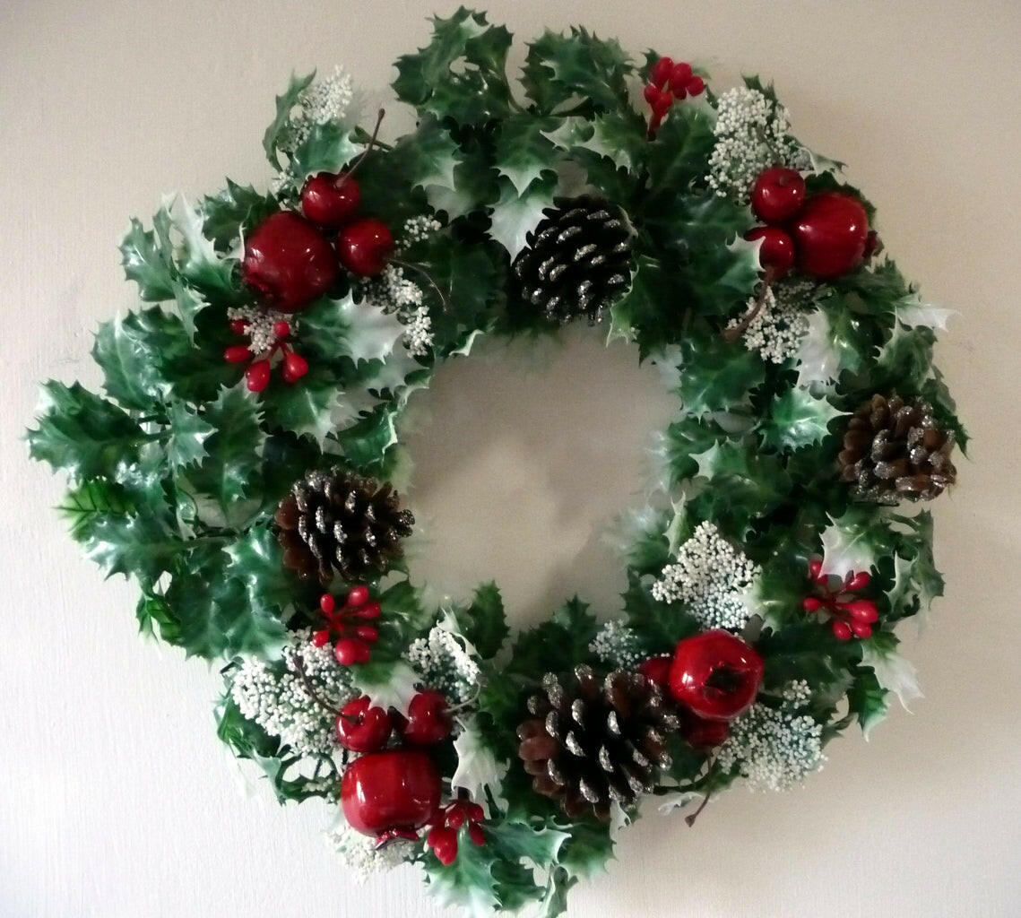 Artificial Plastic Holly & Pomegranite Decorative Wreath