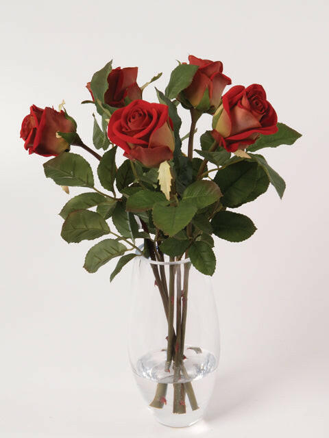 Artificial Silk Red Roses In Round Glass Vase