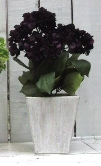 Artificial Silk Purple Hydrangea in Tapered Cream Leaf Planter