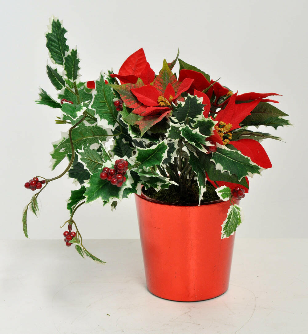 Artificial Red Poinsettia Arrangement in a Viet Planter