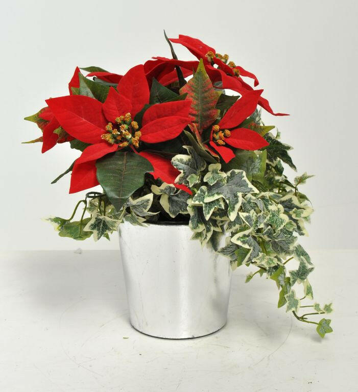 Artificial Red Poinsettia Arrangement in a Viet Planter