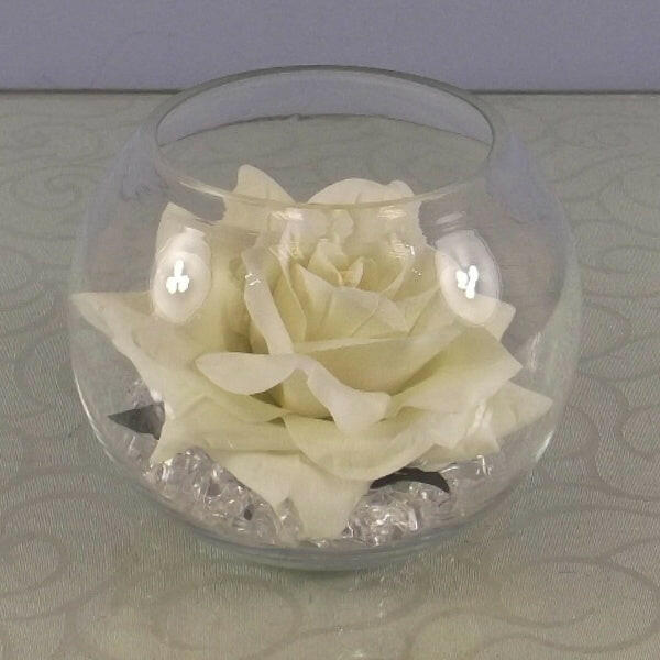 Artificial Silk Cream Open Rose Head in glass Fish Bowl with Crystals