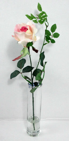 Artificial Silk Rose with Foliage/Bud in glass Vase